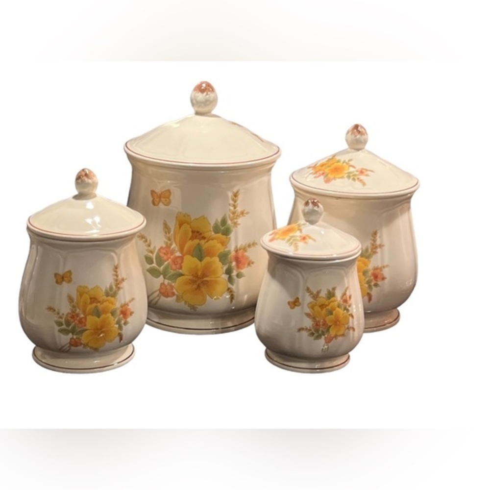 Vtg SANGOSTONE Butterfly II Pattern 3411 Yellow Orange Floral Four Canister Set